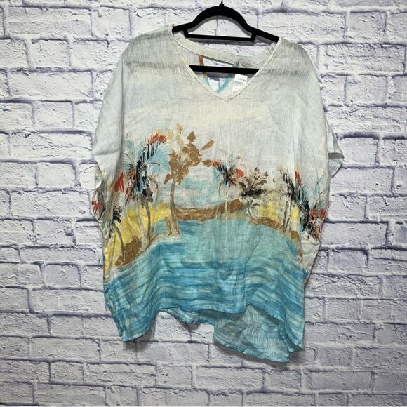 Chico's Scenic Ocean 100% Linen Caftan Blouse Top Beachy Tropical Poncho L/XL - Picture 1 of 10